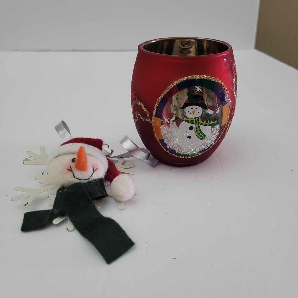Red Snowman Candle Holder & Snowflake Ornament Set